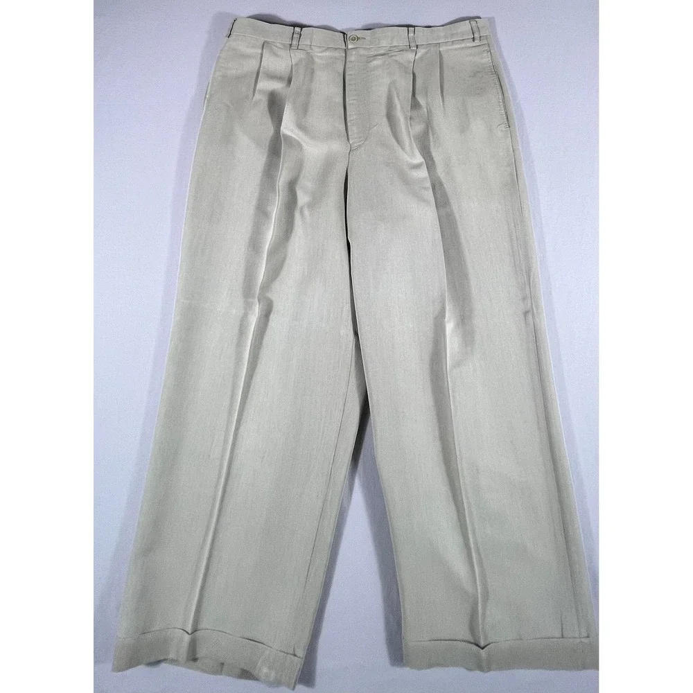 J. Ferrar Men's Pleated Dress Pants 42x30 Tan Khaki Cuffed Wide Leg Trousers - Picture 2 of 10